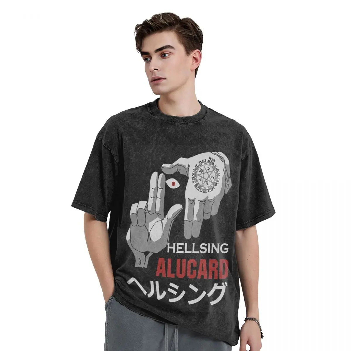 

Alucard Hellsing Manga Washed T Shirts Cotton Short Sleeve Hip Hop T-Shirt Streetwear Tops Tees for Men Women