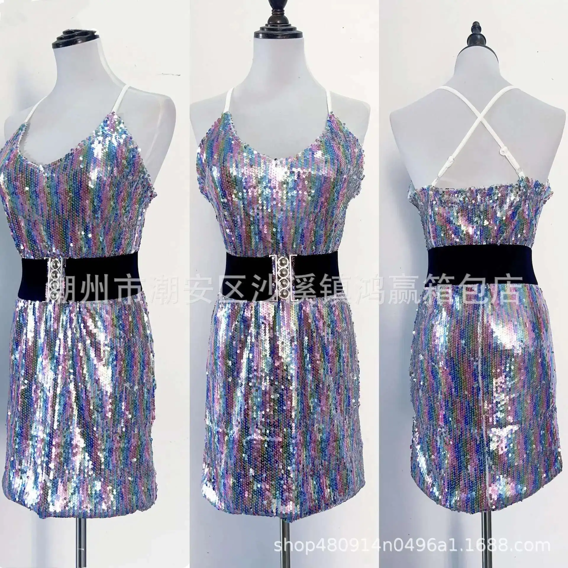 

New Fashion Versatile Luxurious Waist-Cinching Slimming Strap Dress Heavy Beaded Sequin Embroidered Strap Dress for Women