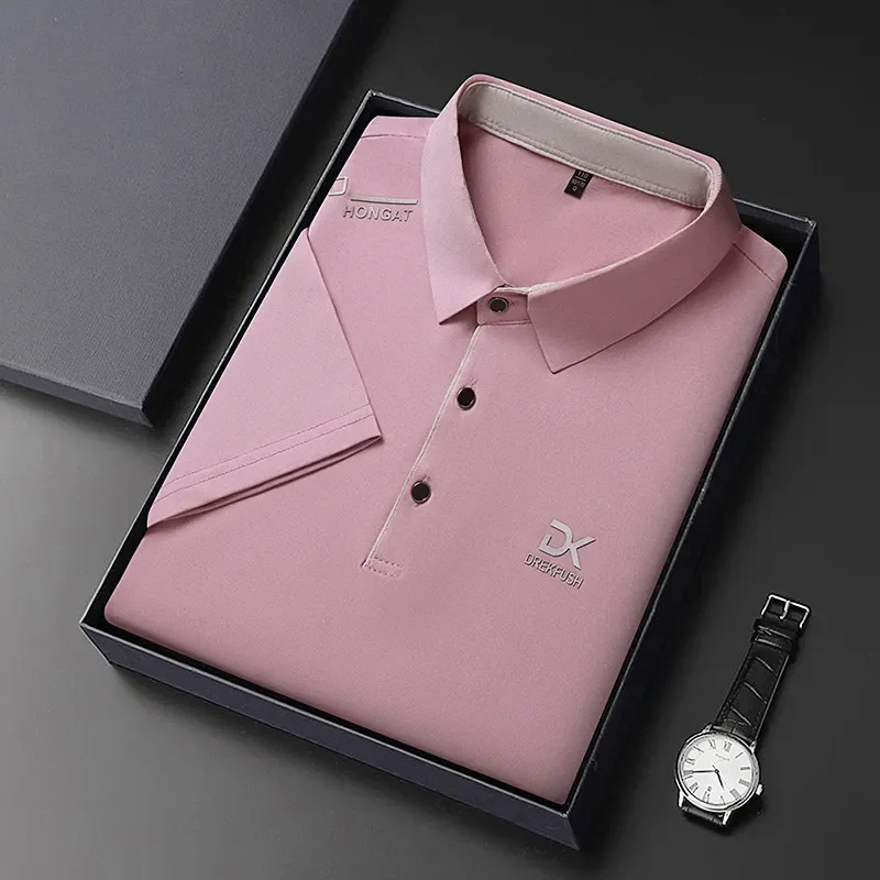 New Men's Business Casual Short Sleeved Shirt with Badge Solid Color Polo Shirt Fashionable Breathable Comfortable Versatile Top image 5