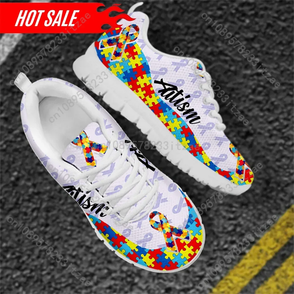 Autism Awareness Flats Shoes for Women Girls Breathable 2023 New Fashion Brand Designer Casual Footwear Lace Up Walking Sneakers