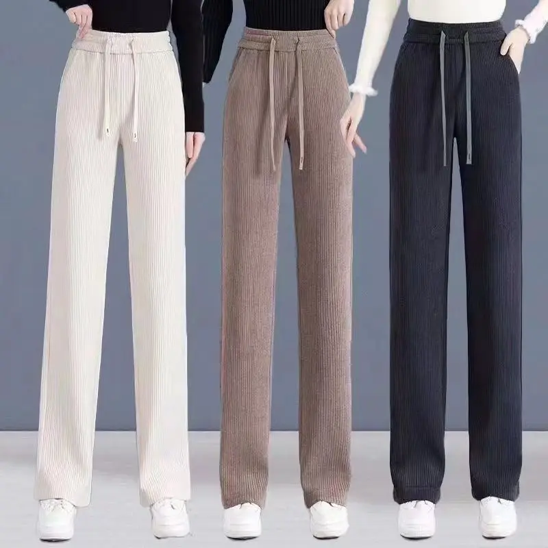 

Loose Fitting Women's Drawstring Straight Leg Pants, Autumn and Winter High Waisted Chenille Wide Pants X595