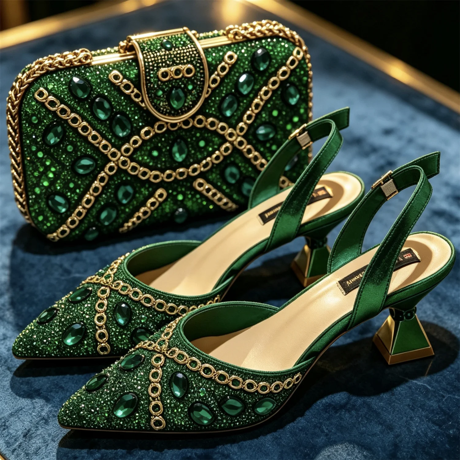 2026 Women Elegant Green Rhinestone Slingback Heels & Handbag Set Pointed Toe Shoes For Wedding Party Evening Formal Occasions