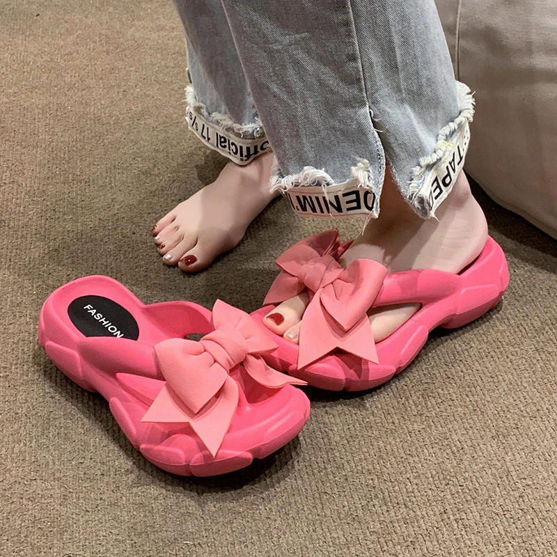 Lucyever Cute Bowknot Wedge Flip Flops for Women Summer Clip Toe Platform Sandals Woman Thick Sole Non Slip Beach Slide Slippers