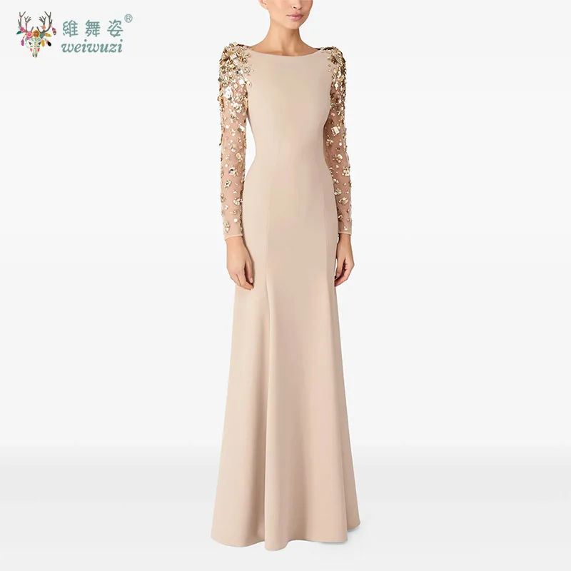 Mais recente moda luxuosa e requintada malha lantejoulas bordado manga comprida em torno do pescoço fino ajuste cintura cinched vestido de noite