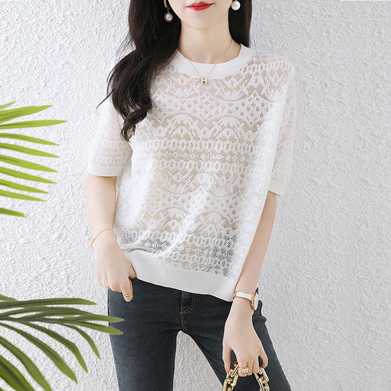 High Quality Women's Wool Tee Shirts 2023 Summer Hollow Out Knitwear Blouse Ladies Thin Knit Blouse Tops Short Sleeved