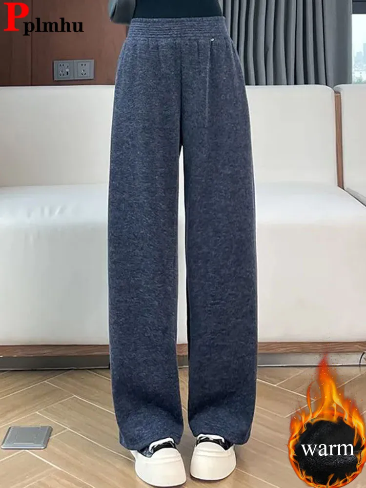 فضفاض الصوف السراويل المستقيمة شتاء دافئ مرونة عالية الخصر واسعة الساق Sweatpants الكورية موضة الصلبة المخملية اصطف بنطلونات جديد #1