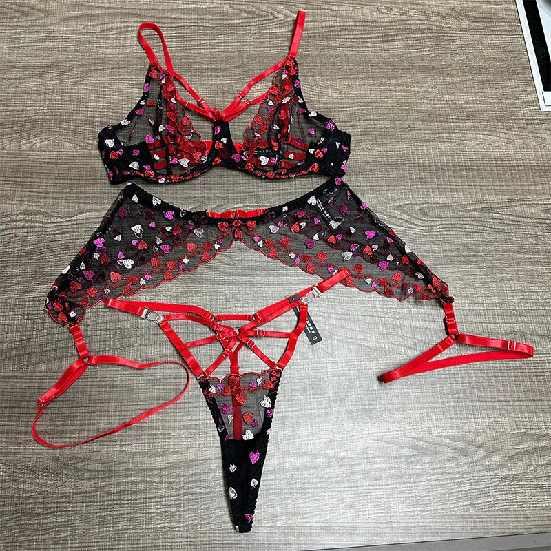 See-through sexy erotic underwear women's suit style red holiday love heart embroidery strappy beautiful back lingerie