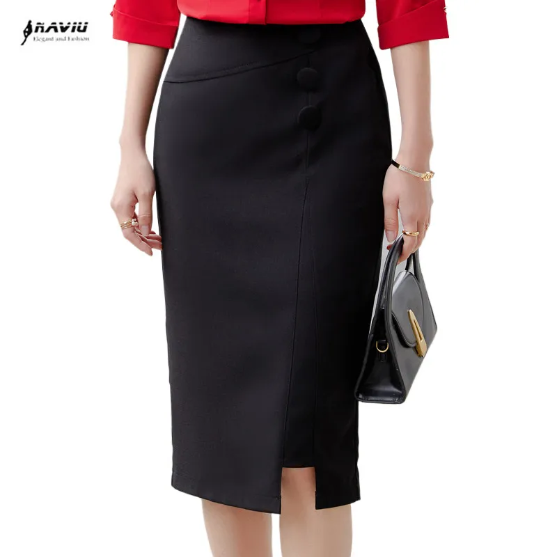 NAVIU New Summer Skirts Women Slim Midi Skirt Office Lady Folds Pencil Split Elegant Work Skirt Office Ladies Clothes Black