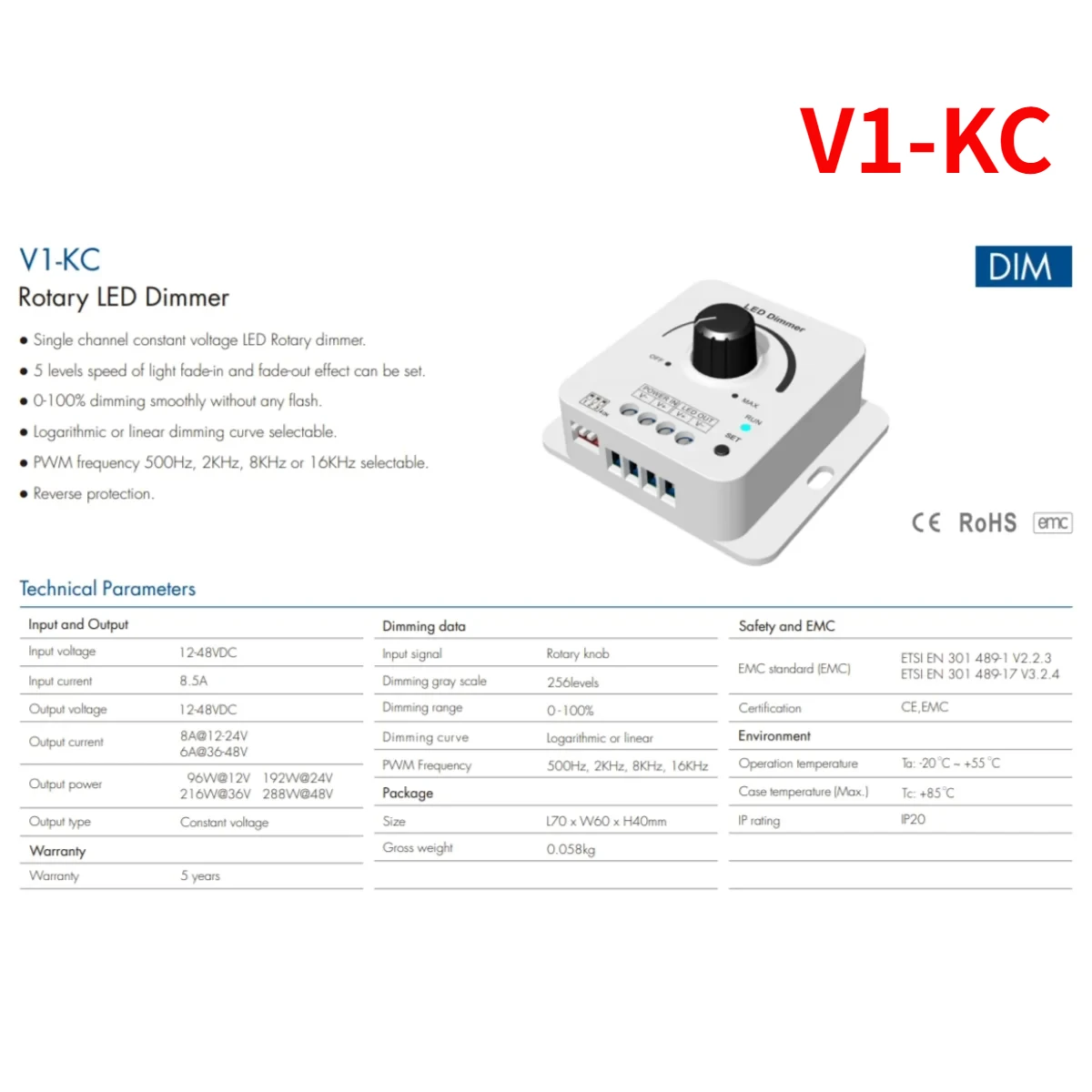 V1-KC 12-48VDC Skydance Rotary LED Dimmer 1CH*8A  5 Levels Light Gradient Speed 0-100% Dimming for Single Color LED Strip Light