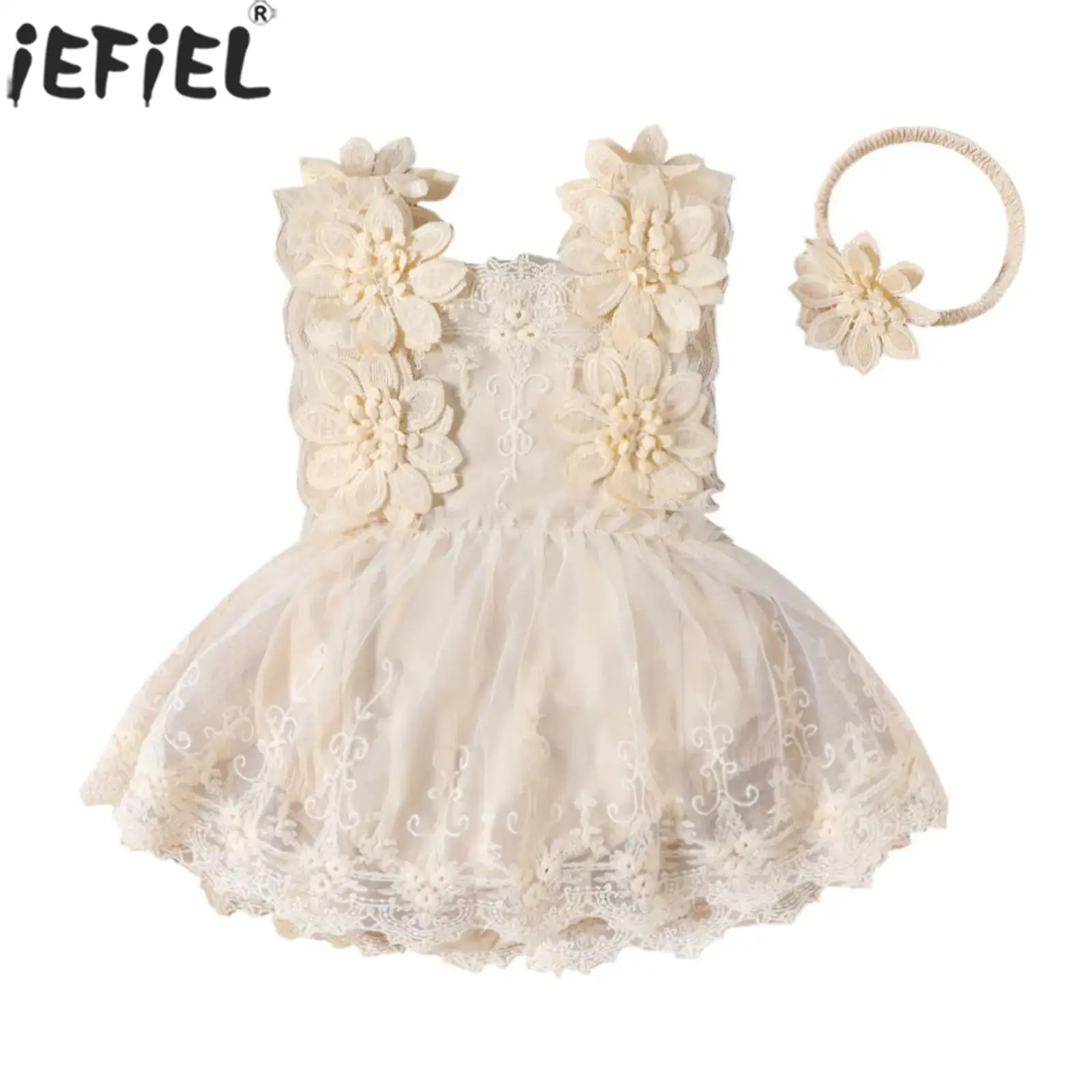 

Baby Girls Summer Elegant Flower Lace Princess Dress Sleeveless Tulle Tutu Romper with Headband Birthday Wedding Party Dresses