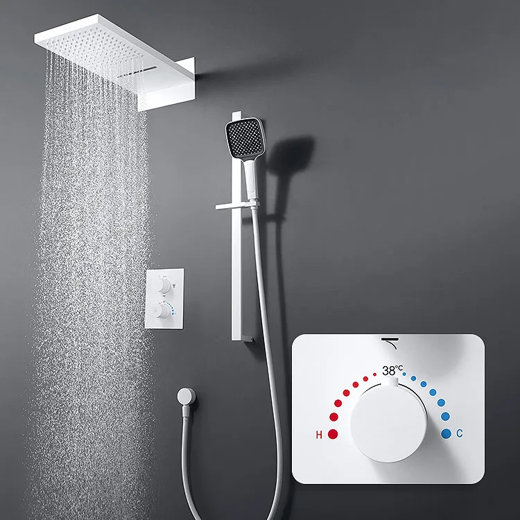 

Wall Mounted Thermostatic Shower Bathroom Rainfall Rain Waterfall Panel Hidden Black Brass Bath Shower