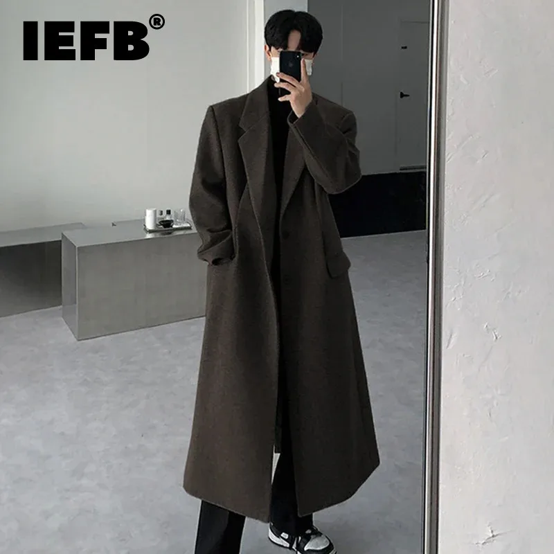 IEFB Korean Version Men's Woolen Overcoat Winter Lapel Thickened Solid Color Double Breasted Overknee Length Male Trench 9C8289