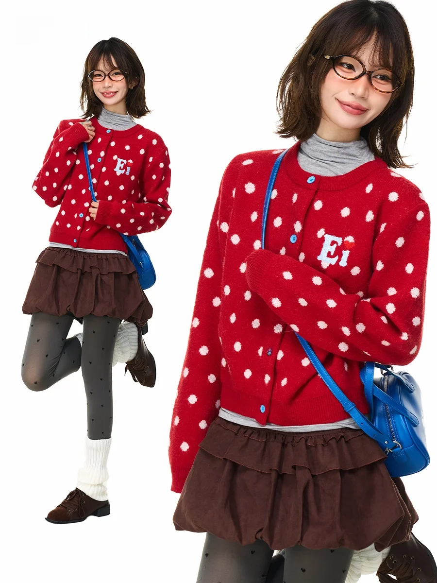 

Sanowers American Retro Polka Dot Open Cardigan Sweater Women's Loose Lazy Sle New Year's Battle Armor Knitted Outerwear