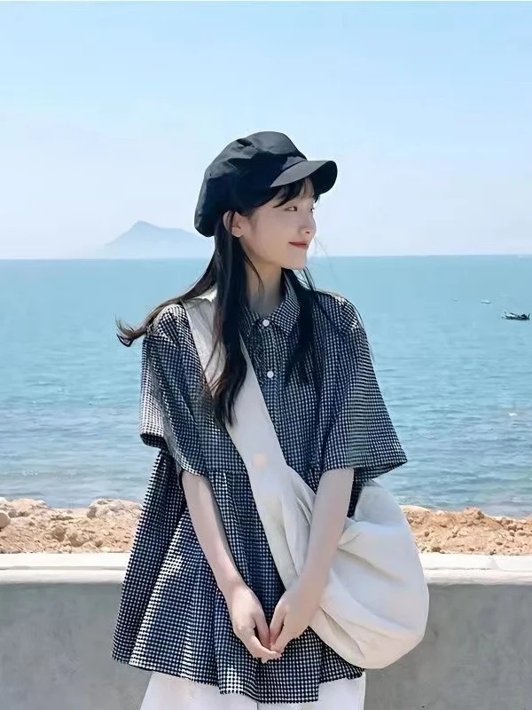 

Retro Japanese Plaid Short Sleeve Shirt Women's Summer New Loose Design Sense Small Crowd Turn Collar Shirt High-End Feeling Top