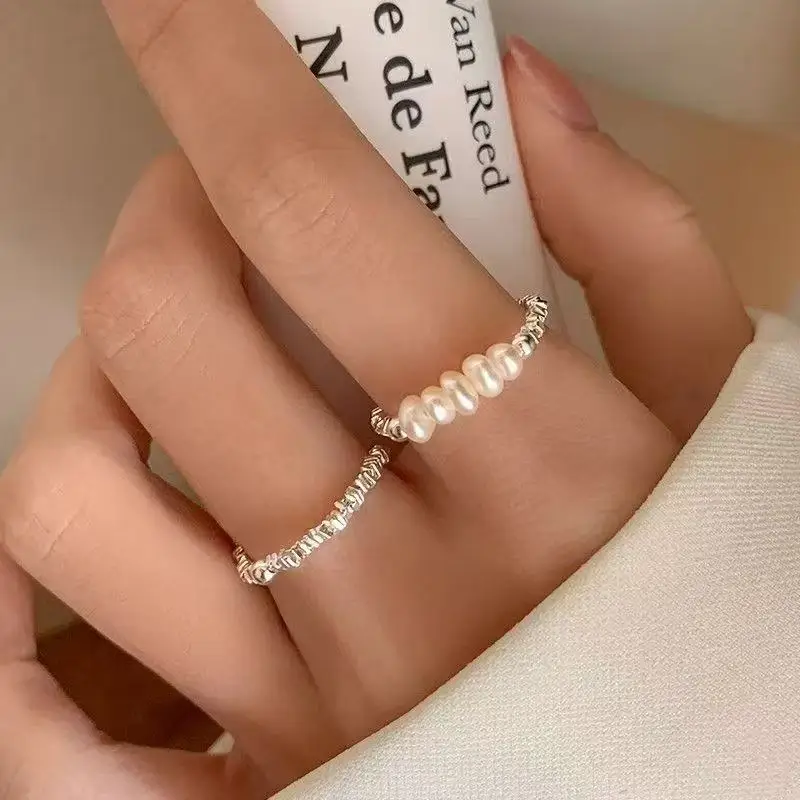 Simple Gentle Nugget Silver Beaded Rings For Women Fashion Vintage Pearl Fingers Accessory Jewelry Party Casual Wear Girls Gifts