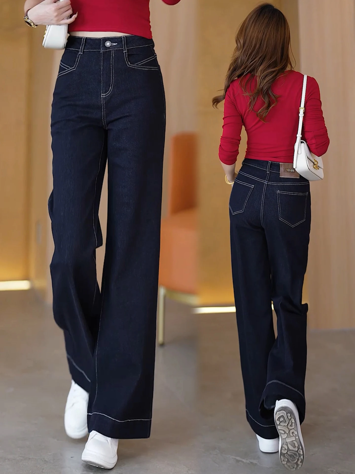 

Джинсы Slim Fit с широкими штанинами, женские повседневные прямые брюки с высокой талией, весна-осень, новый стиль, маленький размер