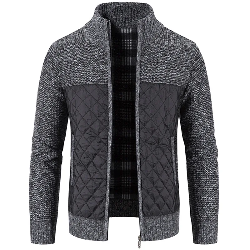 Jaqueta de costura de malha masculina, suéter cardigan grosso, gola alta, roupa casual masculina, outono, inverno, caloroso