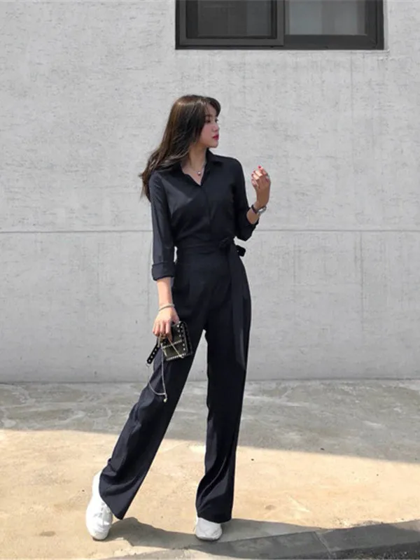 

Ele Long Bla Chiffon Jumpsuit with Floor-Length Wide Leg Pants And Long Sves New 2026 Women's Thin Jumpsuit