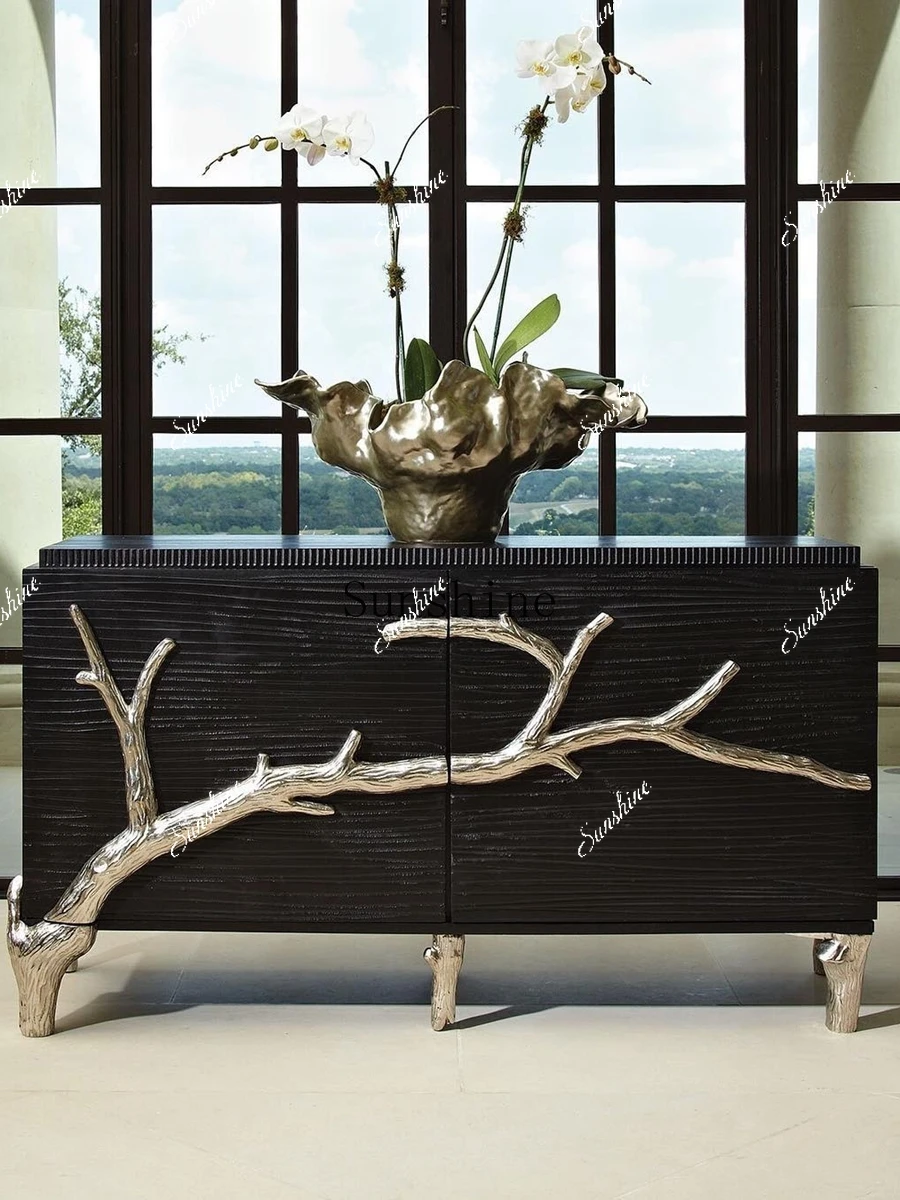 

Neoclassical entrance light luxury shoe cabinet integrated partition TV high solid wood carving decoration FT