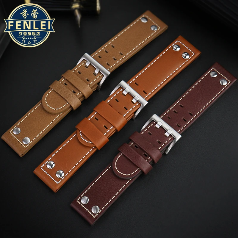 For Hamilton Watch Strap Khaki Aviation H77616533 H760250 Field Men\'s Genuine Leather Rivet Watch band 20mm 22mm Brown Bracelet