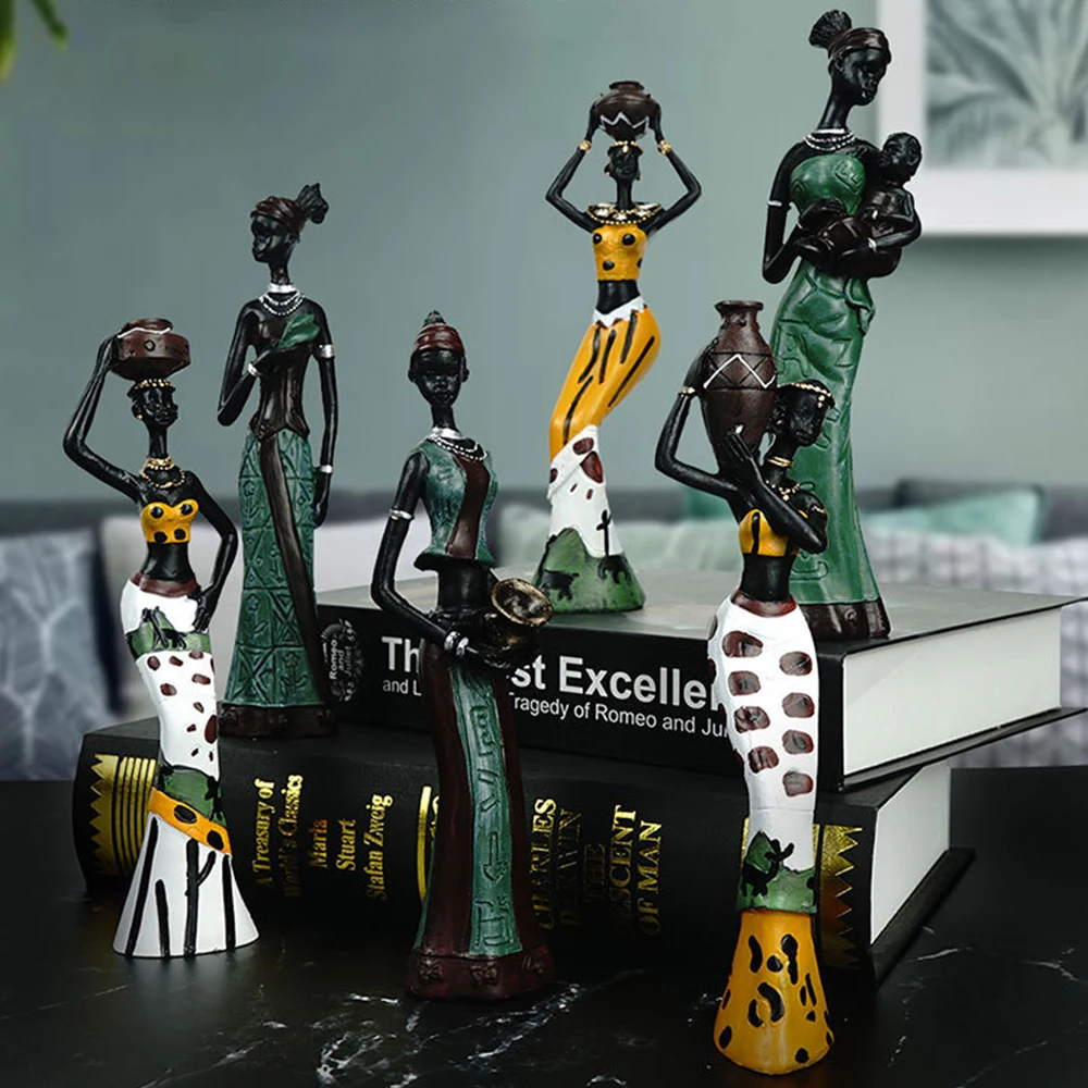 

3PCS/Set Resin African Woman Figurines for Interior Black Figure Statue Exotic Ornaments for Home Luxury Living Room Decorations