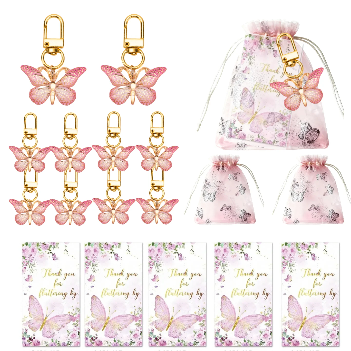 36 قطعة، مجموعة هدايا سلسلة مفاتيح على شكل فراشة، 12 قطعة من سلاسل المفاتيح الوردية الأكريليك، 12 قطعة بطاقات بنية و12 قطعة من أكياس الأورجانزا برباط، الجنس