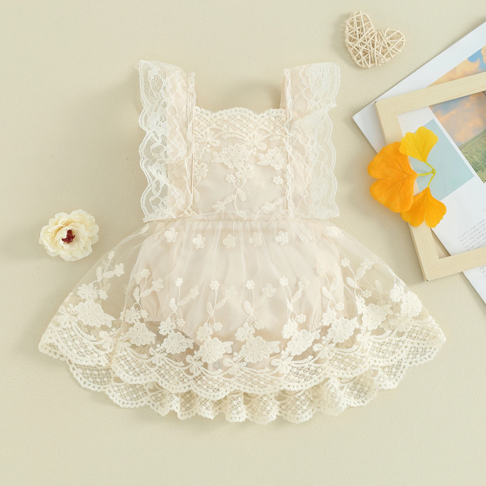 Infant Baby Girls Summer Romper Plain Floral Lace Embroidery Romper Dress Skirt Layered Straps Snap Triangle-Bottom Jumpsuit