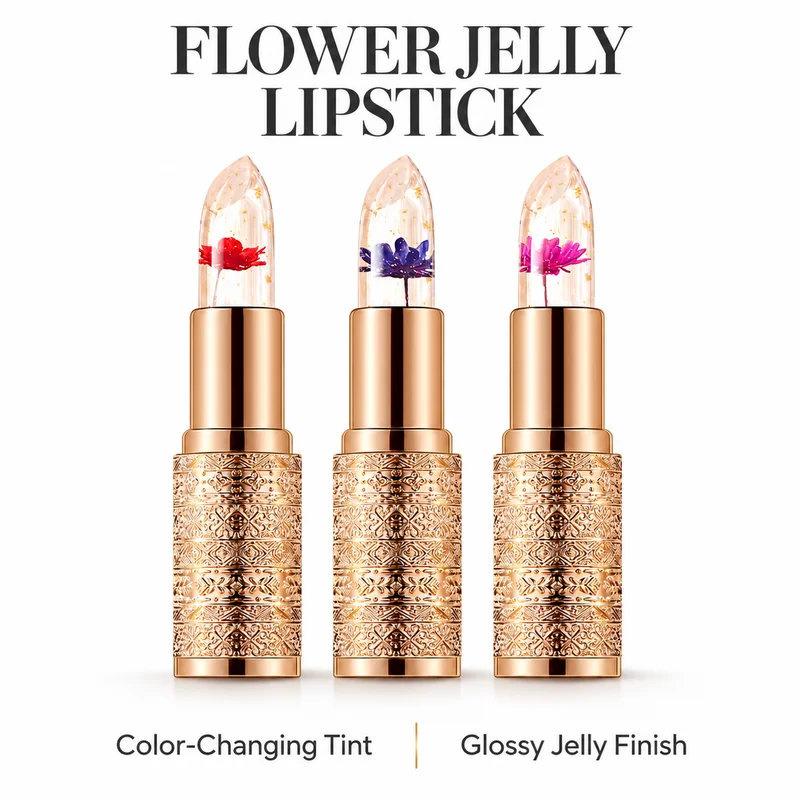 Crystal Flower Jelly Lipstick, Color Changing Clear Lip Tint, Glossy Pink Finish, Gold Case, 3 Flower Colors for Everyday Makeup
