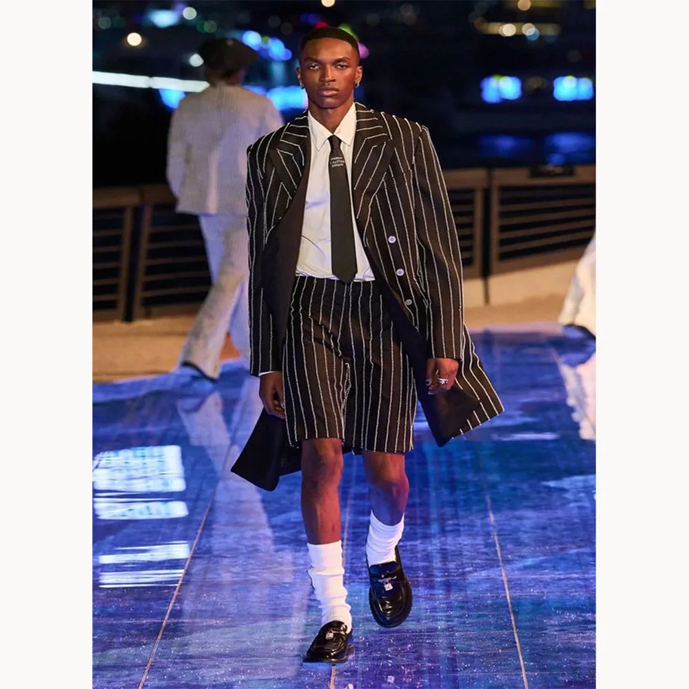 

Striped Men's Suits Customized Casual Daily Loose Two Pieces Long Jacket+Short Pants Male Simple Shopping Handsome Set