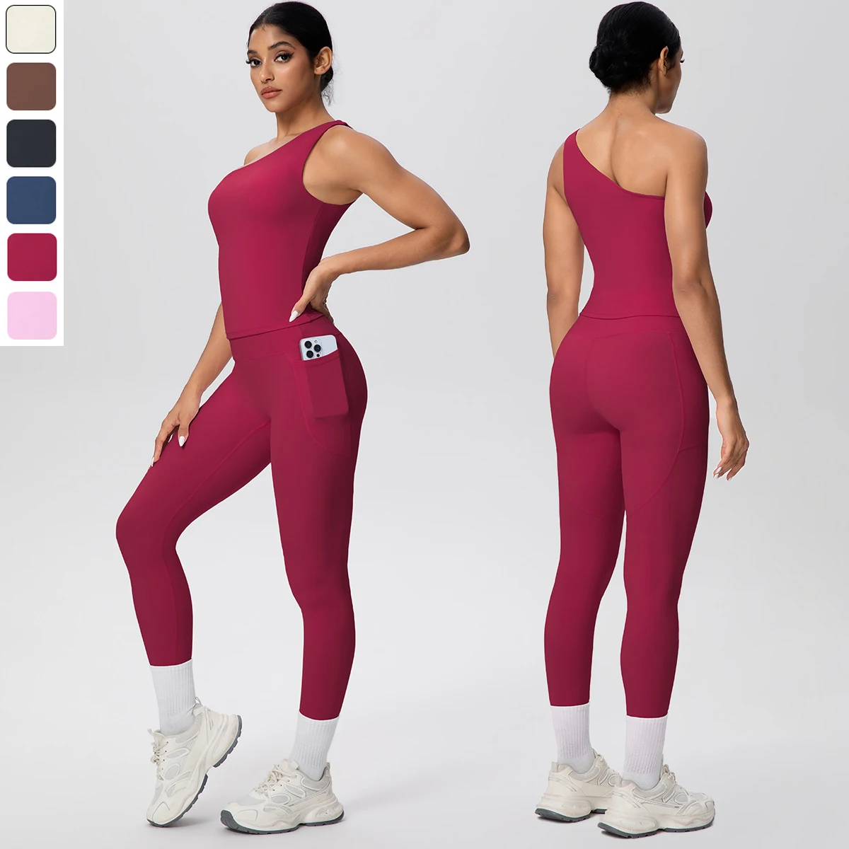 2 Pieces Set for Woman Gym Sportswear Yoga Set Tracksuit Beautiful Back Single Shoulder Bra Vest Pockets Pants Customizable Logo