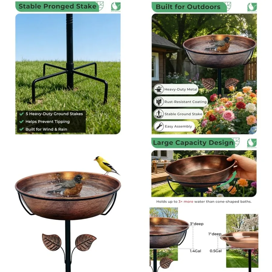 

3" Deep Metal Bird Bath for Outdoors, Removable 13" Dia Bowl with Stable Upgrades Stake, Easy to Clean Birdbaths for Garden Yar