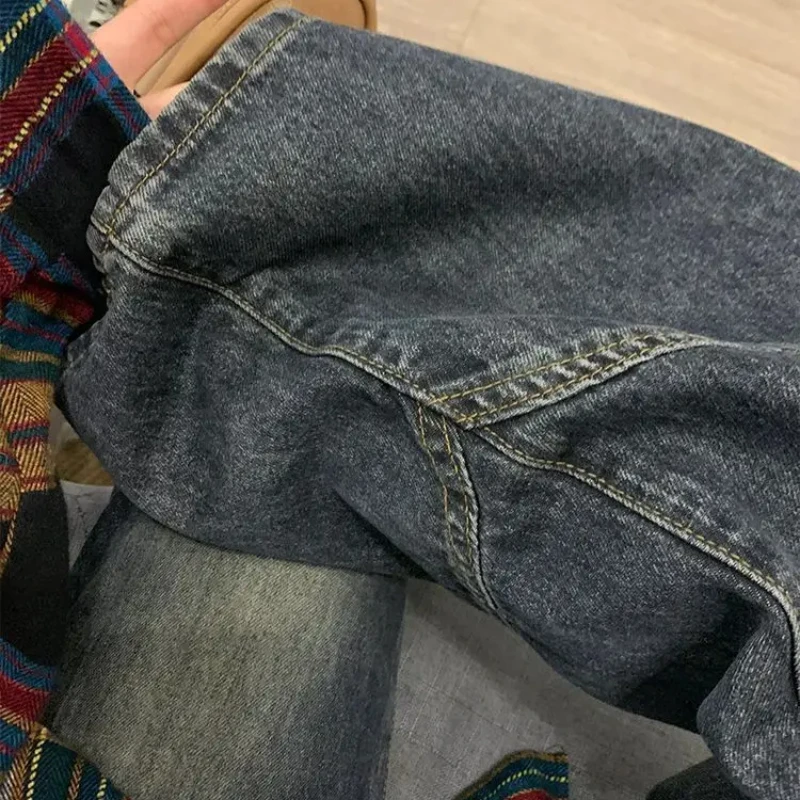 

High Street Micro Flared Jeans Women Korean Retro Autumn Winter Splicing Design Sense High Waisted Leisure Straight Leg Pants