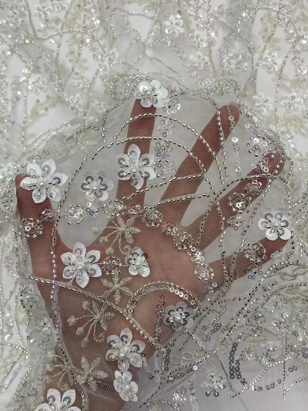 

African Handmade Beaded Groom Laces Fabrics Luxury High Quality Nigerian Sequins Mesh Lace Fabric For Sewing Wedding Party Dress
