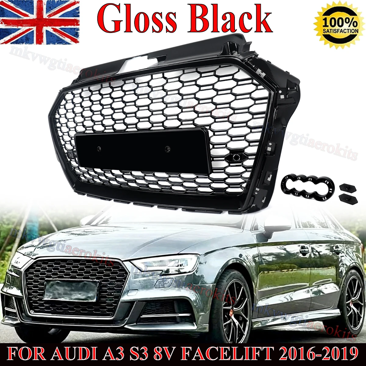 For Audi A3 S3 8V Honeycomb Front Radiator Air Intake Mesh Grills Modified RS Style Front Bumper Grille Compatible 2016-2019
