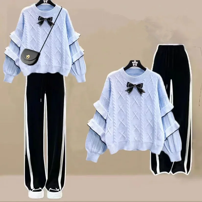 Outono inverno novo 1 ou 2 peça define roupa feminina coreano senhora graciosa bowknot camisola topos calças outfits 2023 malhas feminino