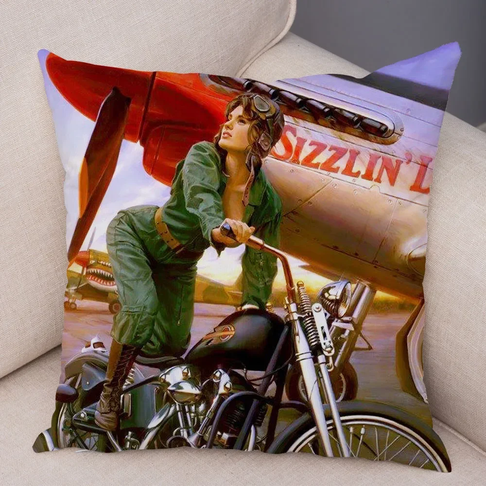 Vintage Oil painting Poster Motorcycle Pillow Case Plsuh Decor Cartoon Sexy Girl Cushion Cover for Sofa Car Pillowcase 45x45cm