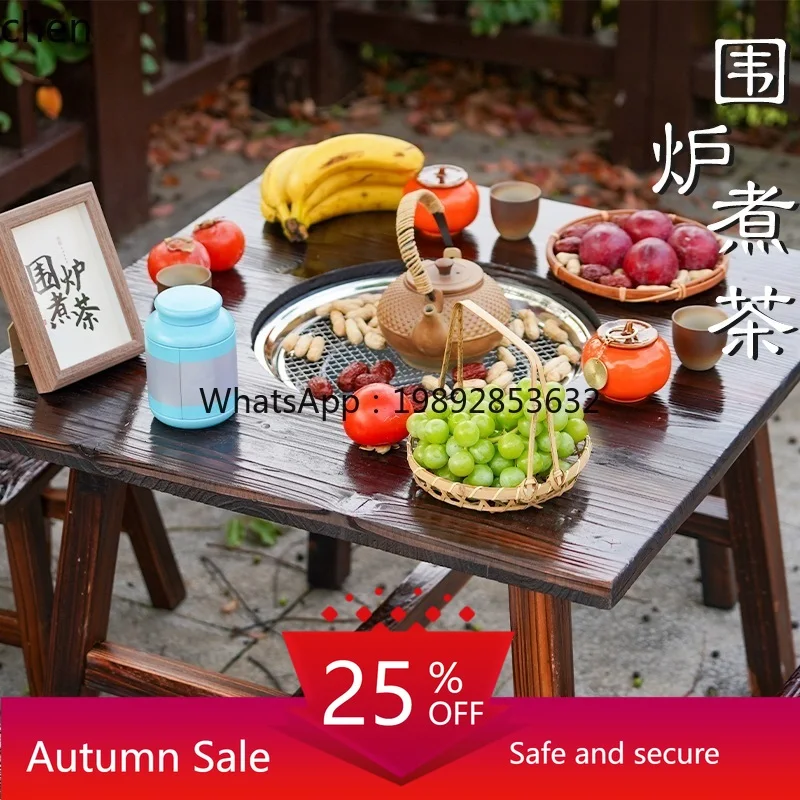 

outdoor barbecue table indoor stove garden courtyard leisure table and chairs round solid wood barbecue table