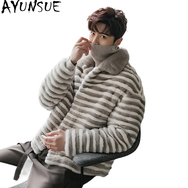 

AYUNSUE Imported Silver Blue Mink Jacket for Men Winter Fashion Natural Fur Coat Man Real Mink Striped Short Fur Coats Abrigos