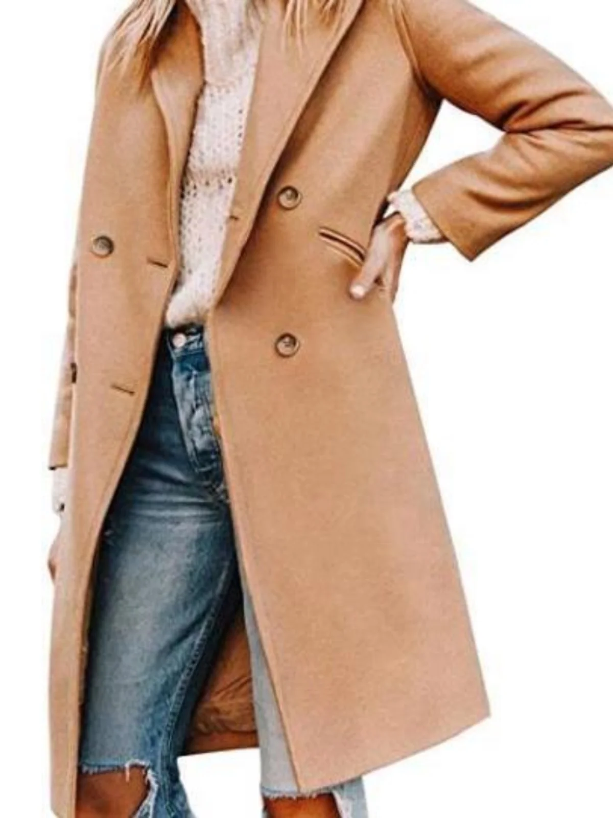 

Faionable Women's Woolen Coat Spring Autumn Slim Fit Midi Length Double Breasted Button Pure Color Commute Sle Jaet