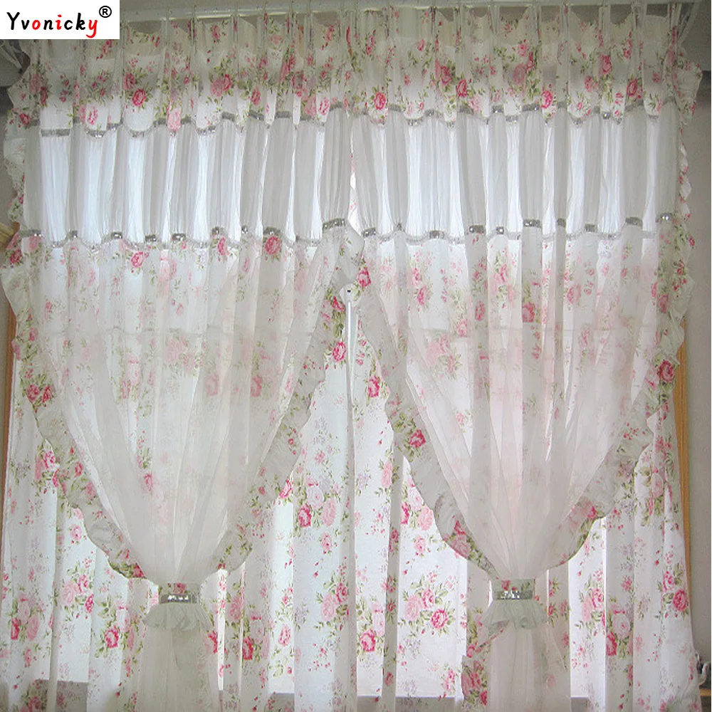 Korean Floral Princess Style Curtains Pastoral Double Layers Lace Cotton Curtain for Girl's Bedroom Wedding Room Window Curtain