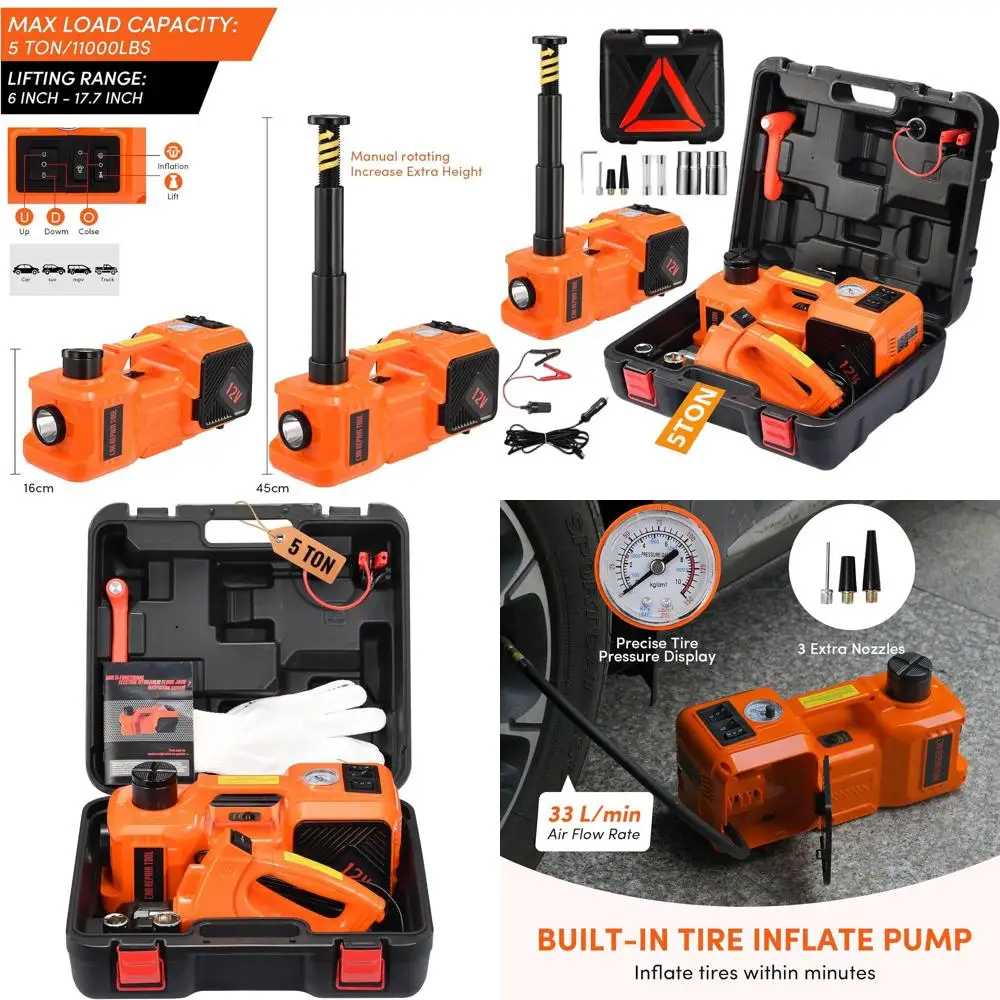 

Портативный электрический домкрат 12В на 5 тонн с ударным гайковертом, насосом для подкачки шин и светодиодной подсветкой для внедорожников и седанов, подъем 6-17,7 дюймов