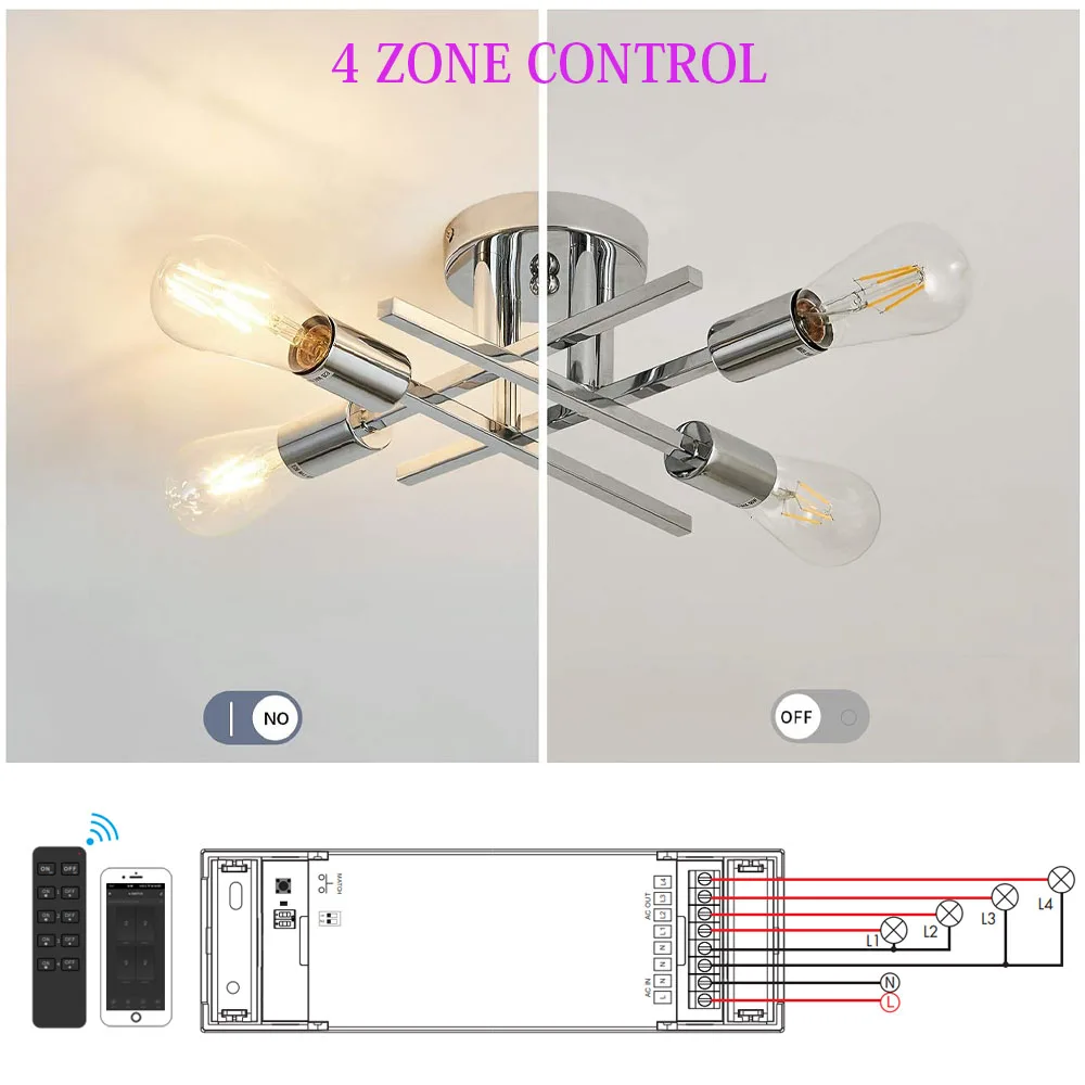 WiFi & RF 1-4 Channels AC Switch Tuya APP Voice Smart Controller 230V 220V Power 1200W Match With 4 ZONE RF 2.4G Remote Control