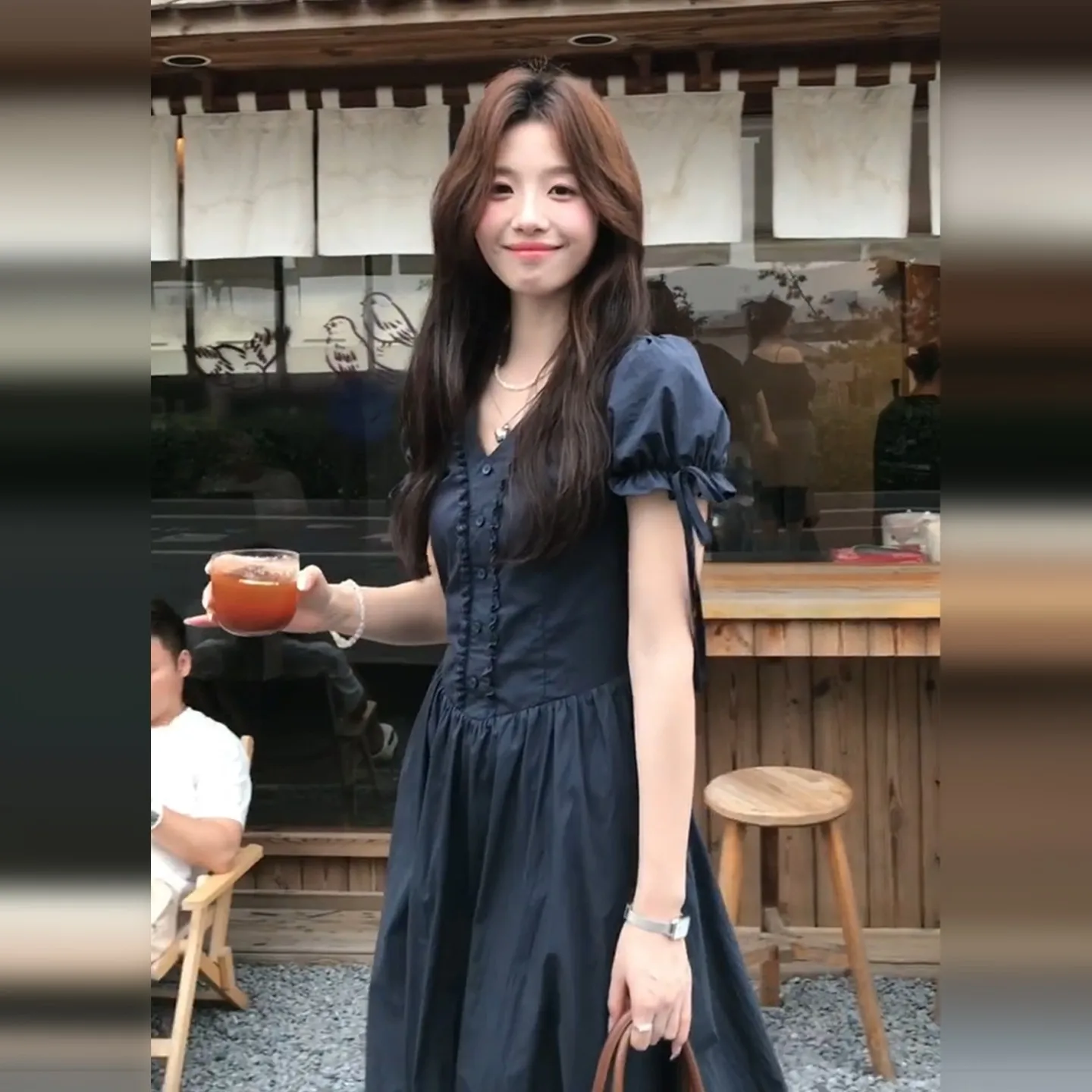 Vestidos de manga curta feminino ajuste apertado outono veludo bezerro lapela bordas em camadas regular rural all-match literário simples