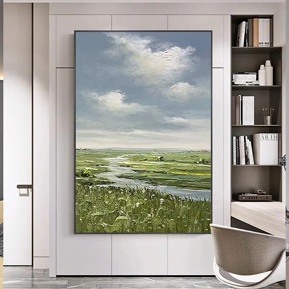 Handdrawn Modern Minimalist Living Room Painting Thick Acrylic On Canvas Art Grassland Scenery Painting Wall Pitcure For Room