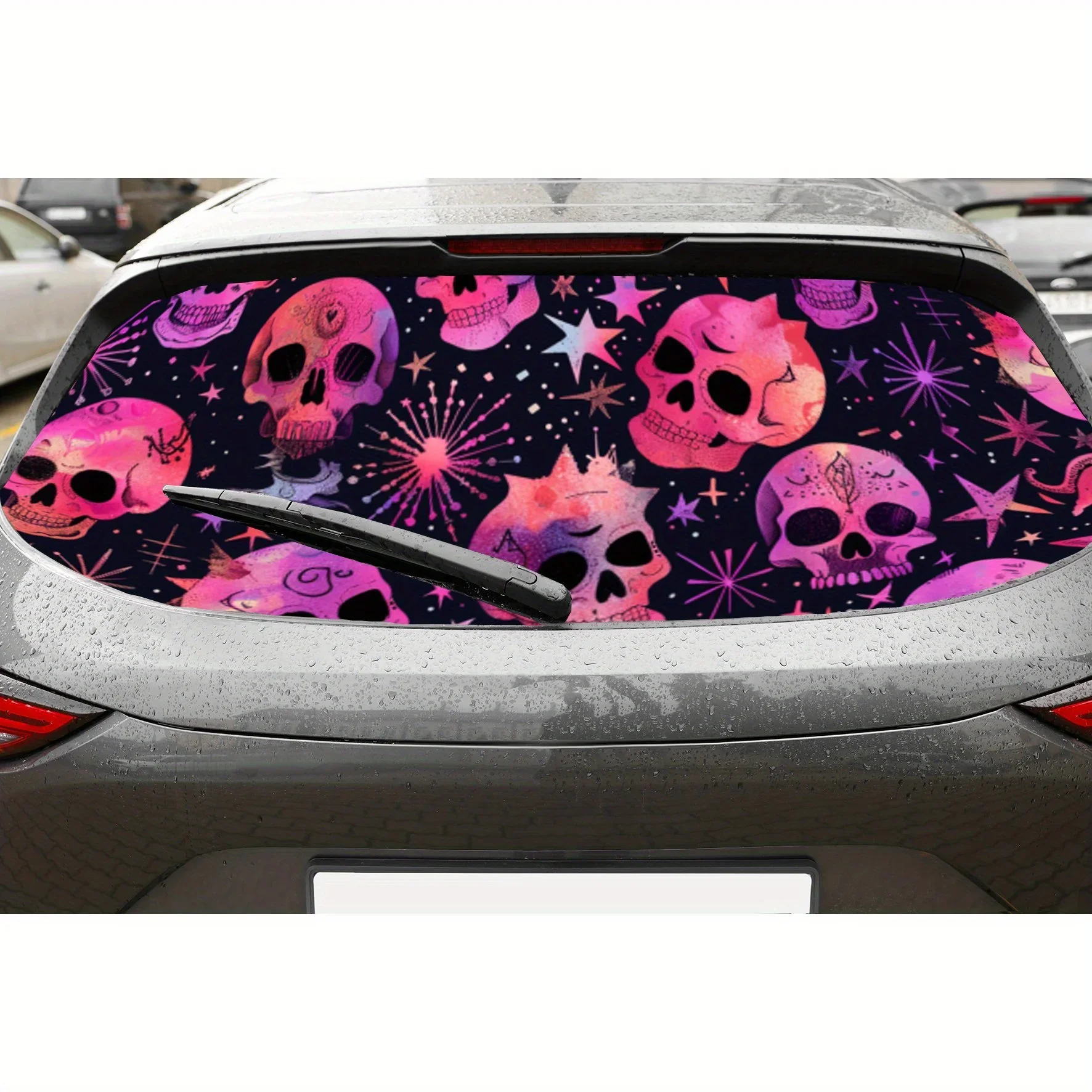 Pink Skulls and Stars PVC Perforated Car Vinyl Wraps, Durable Car Rear Windshield Sticker, Waterproof Car Rear Window Decal, Pri