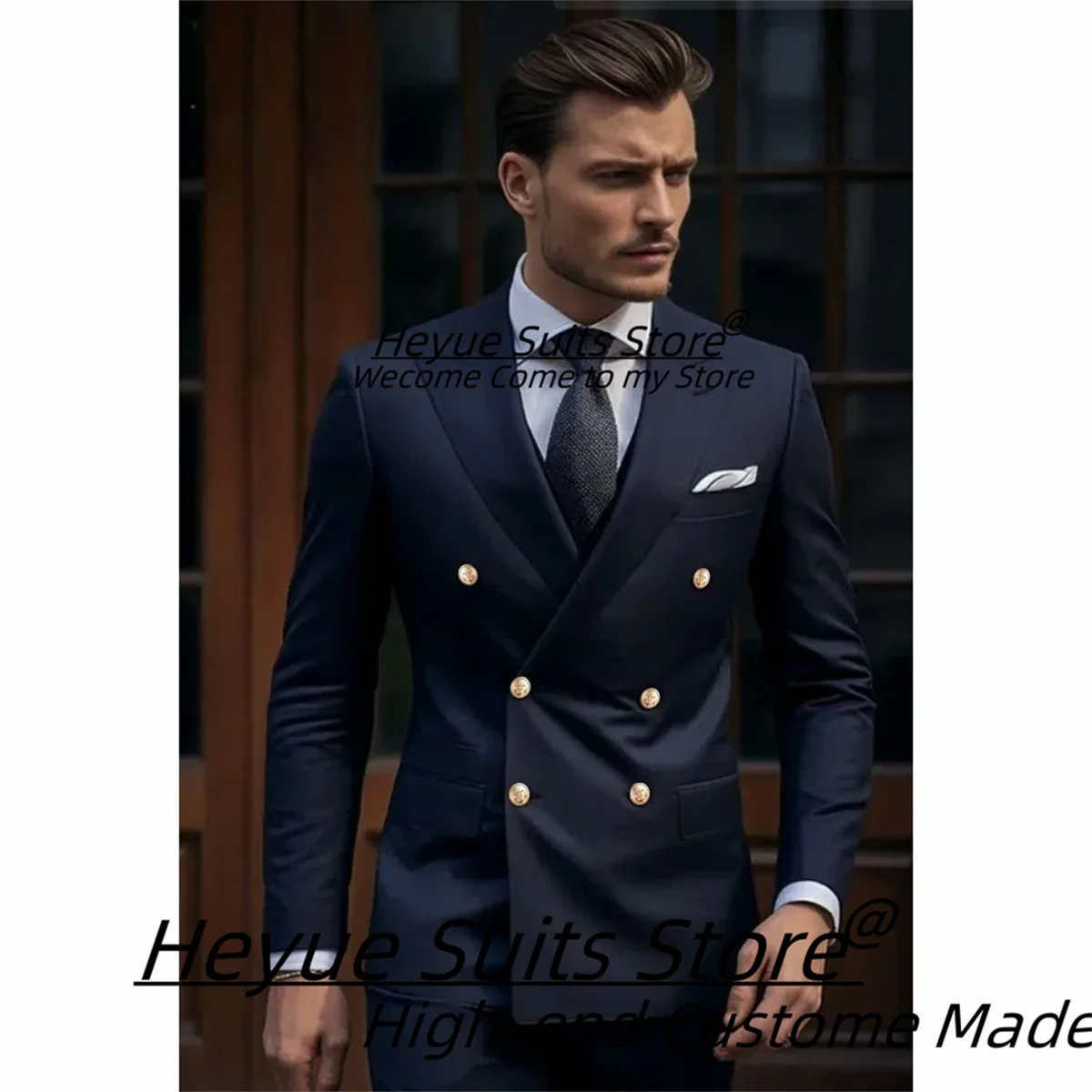 Business Navy Blue Men Suits Slim Fit Double Breasted Groom Wedding Tuxedos 2 Pcs Sets Office Work Male Blazers Costume Homme