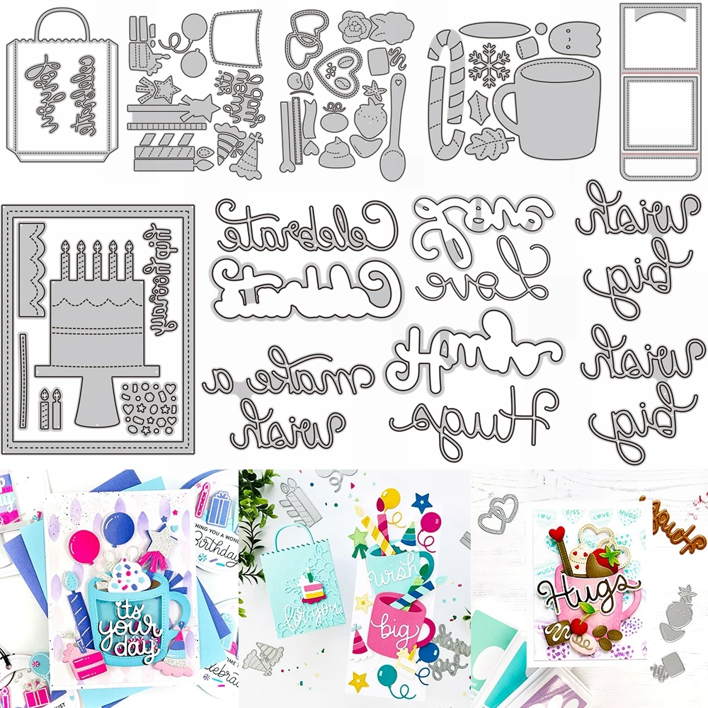 Metal Cutting Dies Birthday Cake Candle Mug Celebrate Gifts Box Balloon Ornament Die Cut Exquisite English Words Font Dies 2023