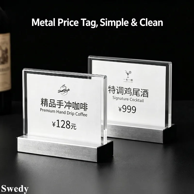 90x55mm / 100x70mm Metal Base Acrylic Price Tag Stand Desktop Label Display Holder Coffee Bar Wine Price Card Table Name Sign