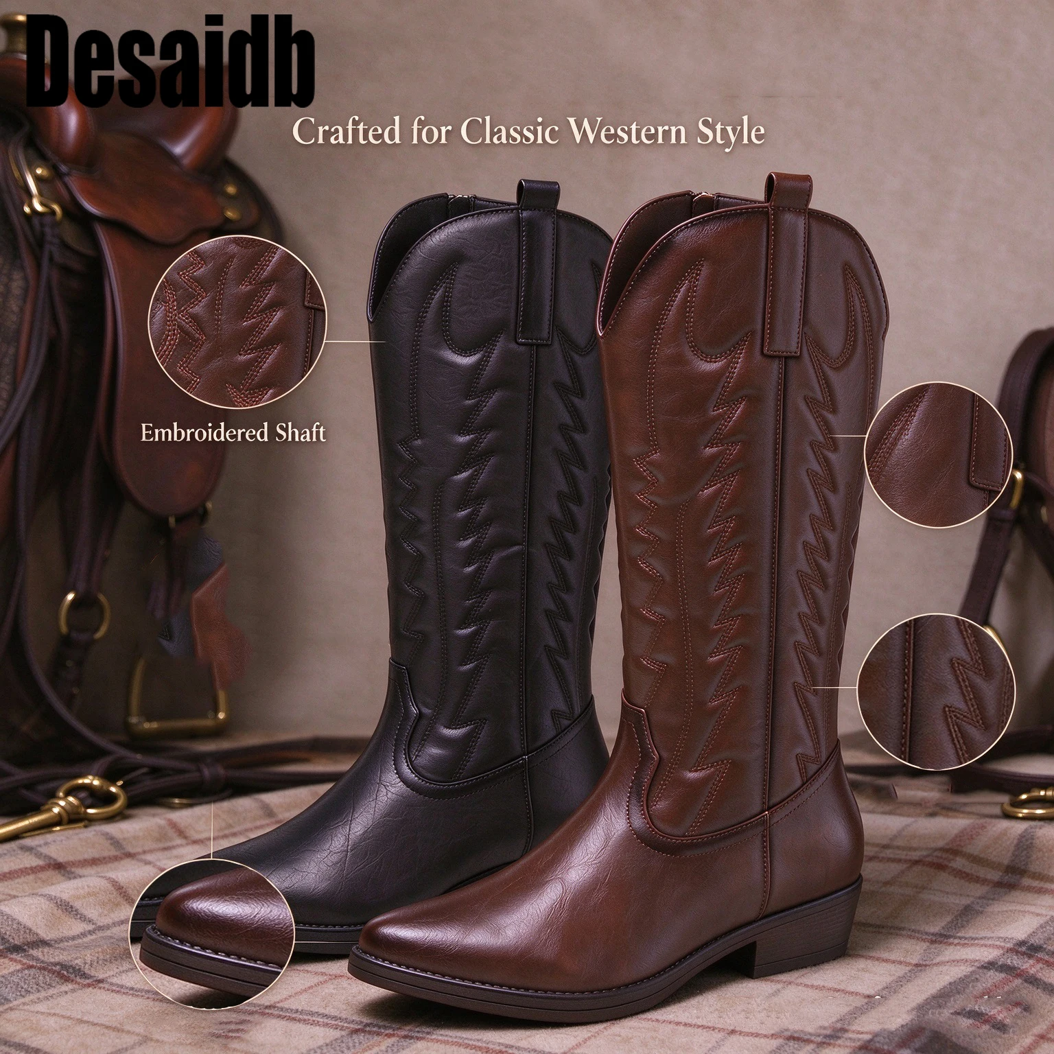 Women's Fashion High‑End Tall Leather Boots, Retro Western Cowboy Boots, Pointed‑Toe Block Heel High‑Calf Boots, Solid‑Color