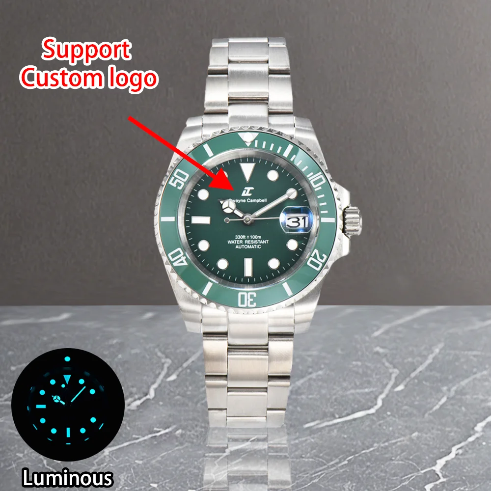 

Custom Logo Watch Fit For NH35 Automatic Mechanical Watch Fit For SUB Sapphire Crystal Stainless Steel Rubber Strap Luminous